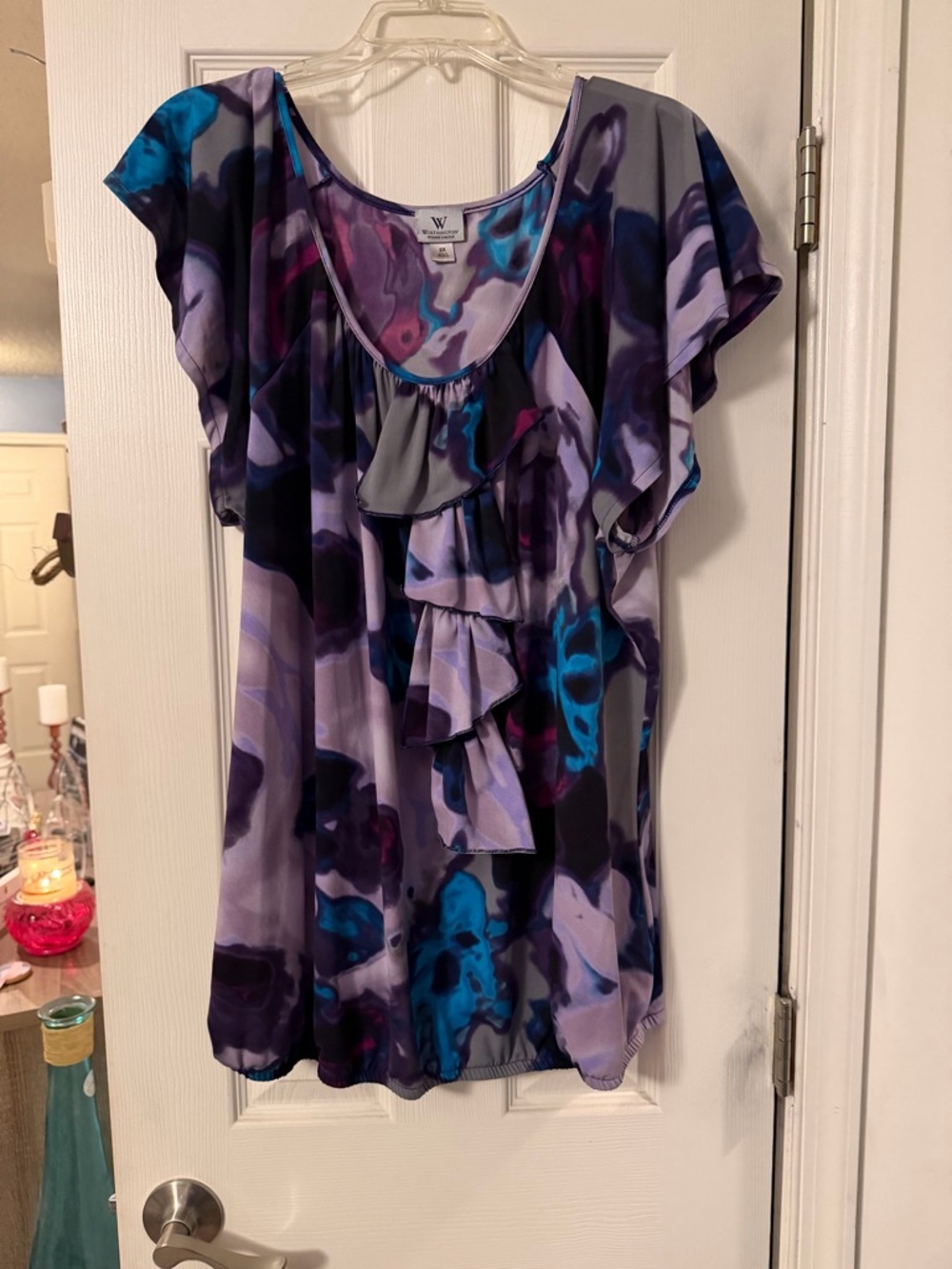 Worthington Purple and Blue Abstract Ruffle Blouse